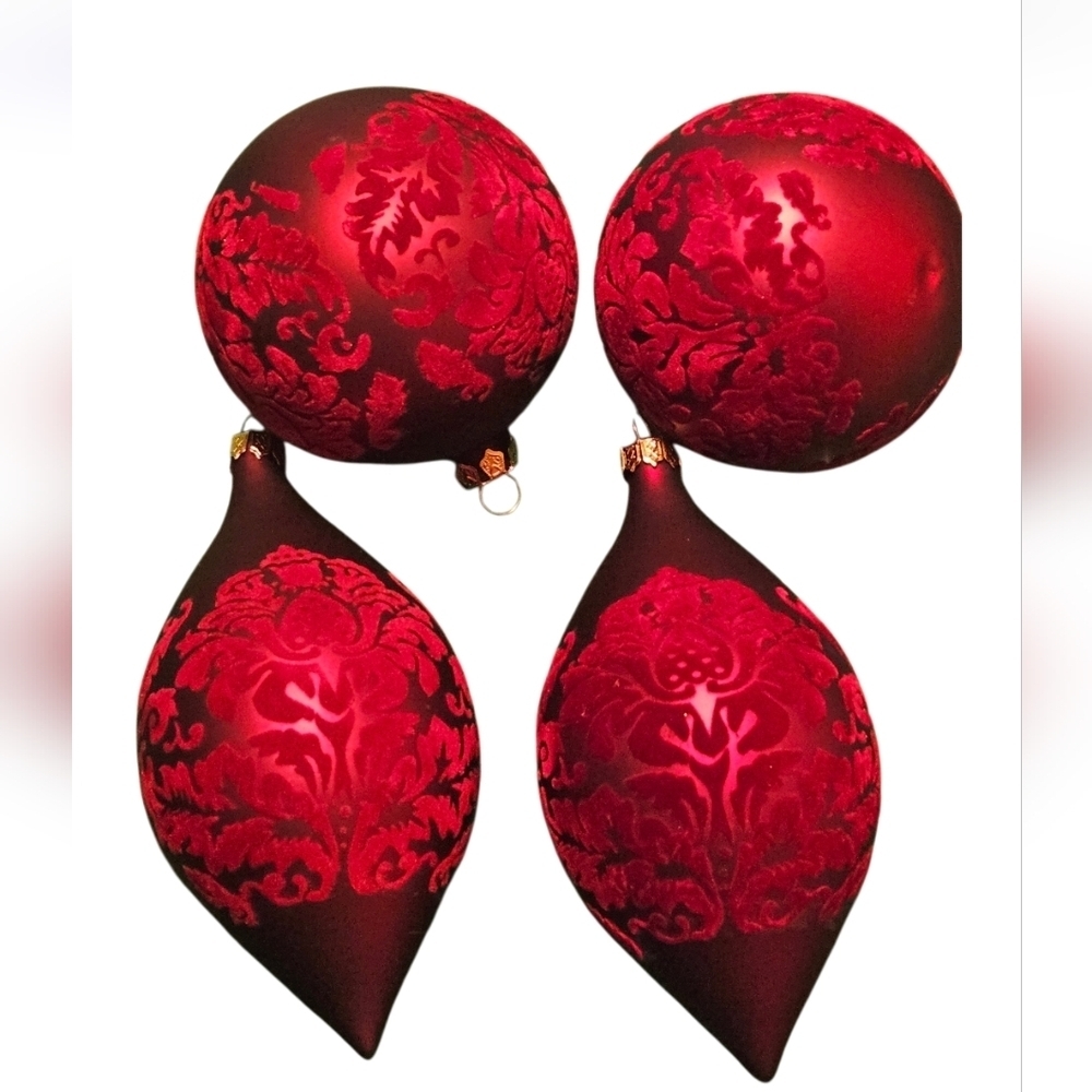 Hand Crafted Christmas Ornaments 4pc Set Red velvet upcycled ribbon Mod Podge